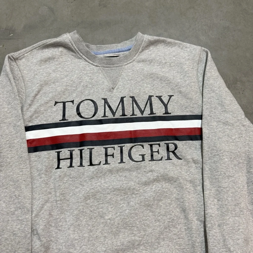 Men's Tommy Hilfiger Spellout Preppy Gray‎ Cotton Pullover Sweatshirt Size Large
